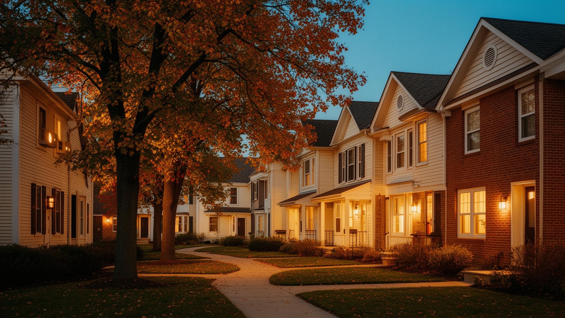 Minnesota townhomes at dusk, warm window light