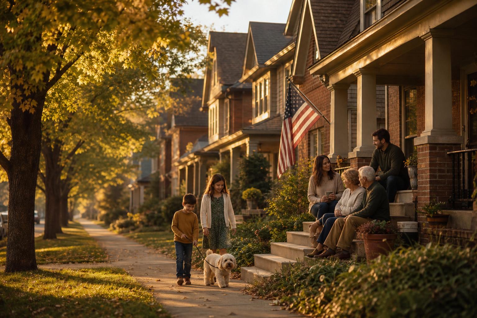 A family on the front porch of their Twin Cities townhome at golden hour